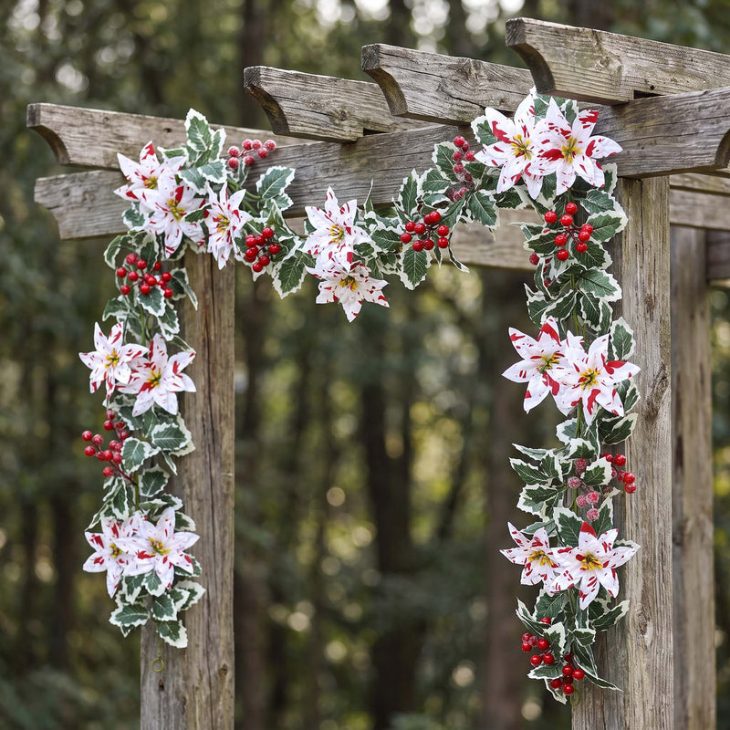 Artificial Poinsettia Berry Garland, 69" Red & White Holiday Vine, Indoor Decoration for Home, Events, and Festive Spaces