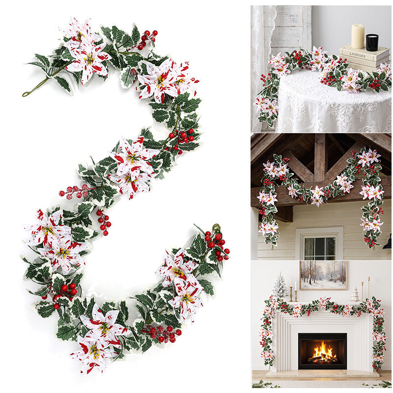 Artificial Poinsettia Berry Garland, 69" Red & White Holiday Vine, Indoor Decoration for Home, Events, and Festive Spaces