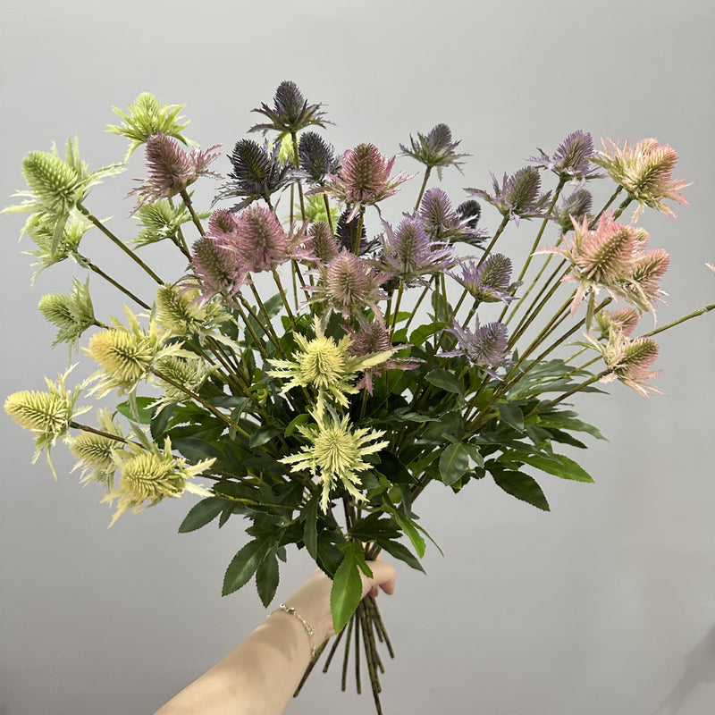 Artificial Eryngium Bush, 24" Tall, Modern Ins-Style Faux Flower for Weddings, Home Decor, and Events