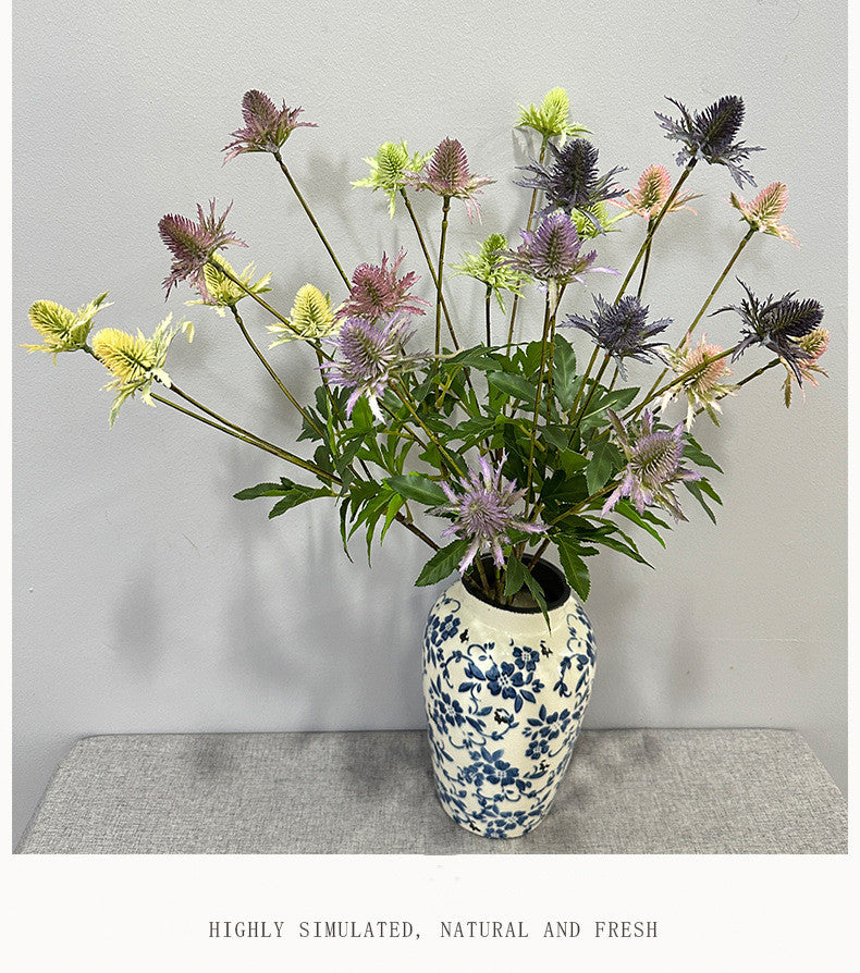 Artificial Eryngium Bush, 24" Tall, Modern Ins-Style Faux Flower for Weddings, Home Decor, and Events