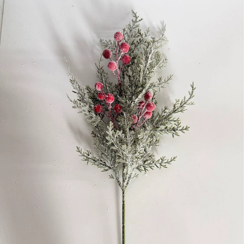 Artificial Pine Sprig with Red Berries, 20" Single Stem Faux Greenery for Christmas Decor, Weddings, Table Centerpieces, Bulk Wholesale Available
