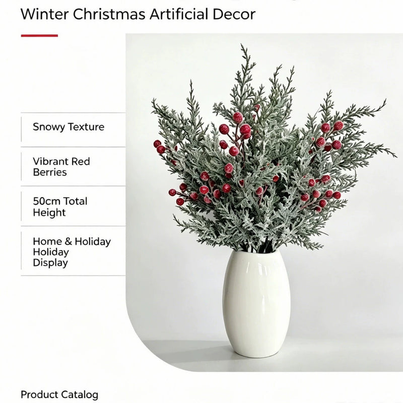 Artificial Pine Sprig with Red Berries, 20" Single Stem Faux Greenery for Christmas Decor, Weddings, Table Centerpieces, Bulk Wholesale Available