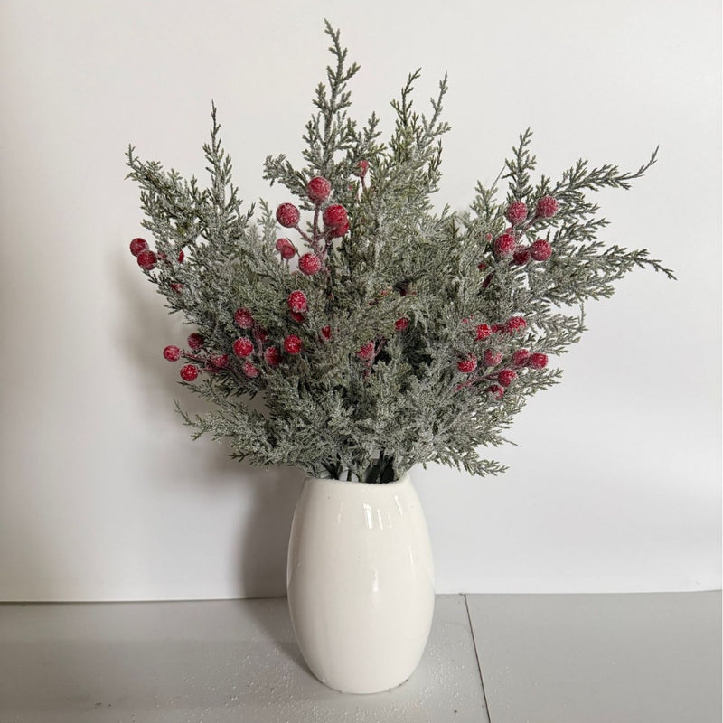 Artificial Pine Sprig with Red Berries, 20" Single Stem Faux Greenery for Christmas Decor, Weddings, Table Centerpieces, Bulk Wholesale Available