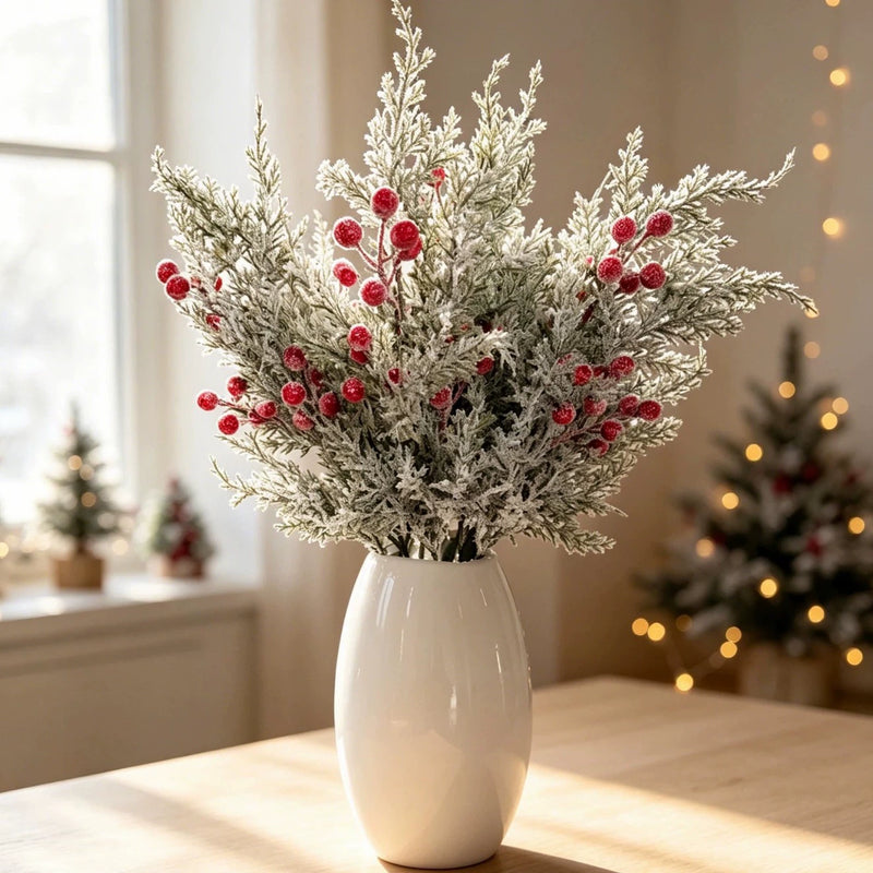 Artificial Pine Sprig with Red Berries, 20" Single Stem Faux Greenery for Christmas Decor, Weddings, Table Centerpieces, Bulk Wholesale Available