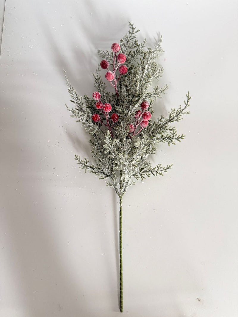 Artificial Pine Sprig with Red Berries, 20" Single Stem Faux Greenery for Christmas Decor, Weddings, Table Centerpieces, Bulk Wholesale Available