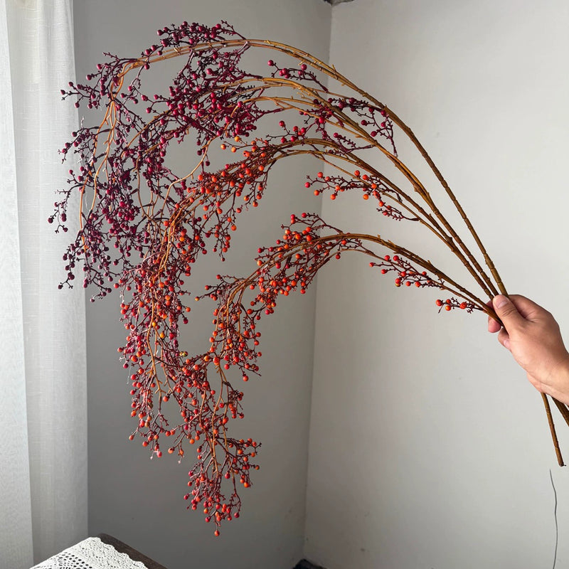 54" Artificial Hanging Mountain Ash Branches, Single Stem Bendable Faux Floral for Holiday Decor, Wedding & Home Styling, Red/Orange