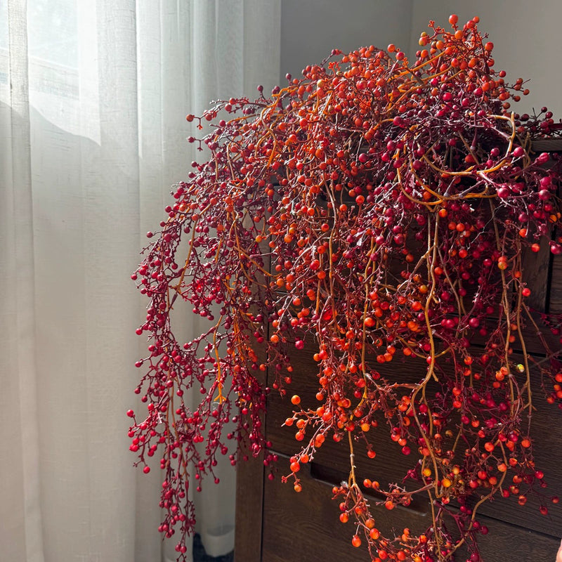 54" Artificial Hanging Mountain Ash Branches, Single Stem Bendable Faux Floral for Holiday Decor, Wedding & Home Styling, Red/Orange