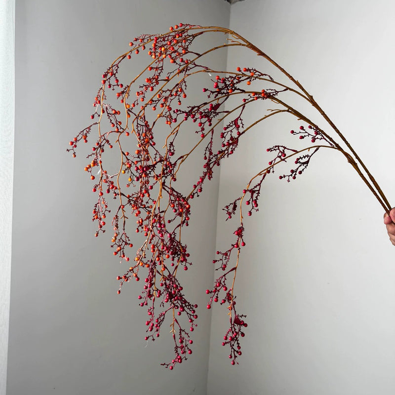 54" Artificial Hanging Mountain Ash Branches, Single Stem Bendable Faux Floral for Holiday Decor, Wedding & Home Styling, Red/Orange