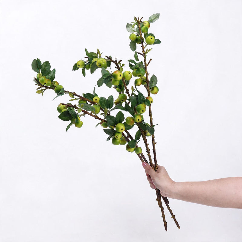 Artificial Mini Apple Branch with Leaves, 24" Faux Green & Pink Fruit Stems, Bendable Stems for Floral Arrangements, Wedding Centerpieces, Home & Commercial Decor