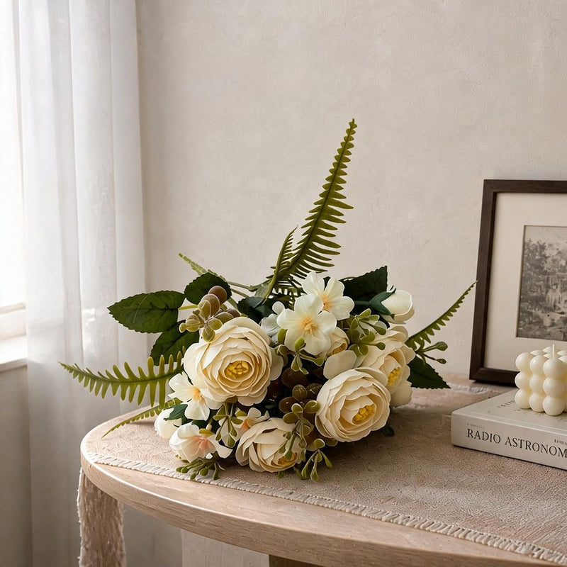 Artificial Camellia Rose Bush, 12" Silk Floral Arrangement with 16 Blooms, Wedding & Home Decor, Bulk Floral Supplies