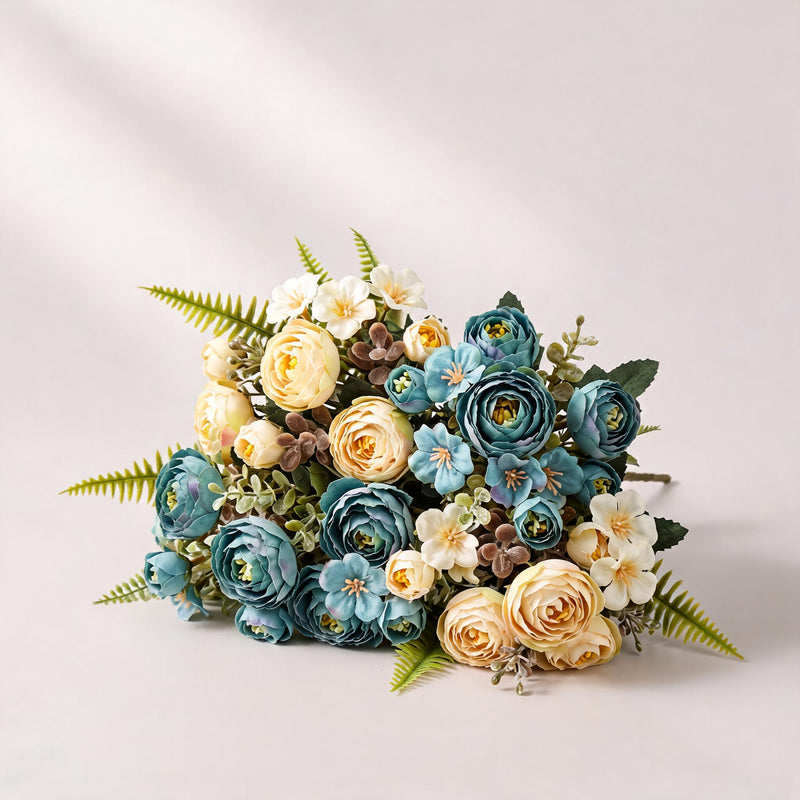 Artificial Camellia Rose Bush, 12" Silk Floral Arrangement with 16 Blooms, Wedding & Home Decor, Bulk Floral Supplies