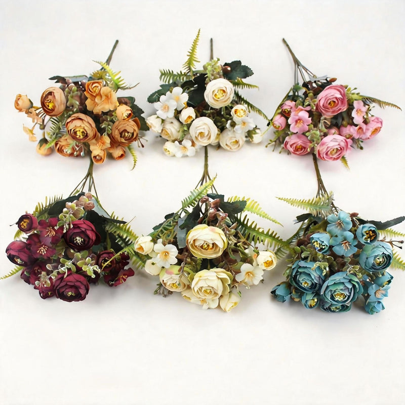 Artificial Camellia Rose Bush, 12" Silk Floral Arrangement with 16 Blooms, Wedding & Home Decor, Bulk Floral Supplies