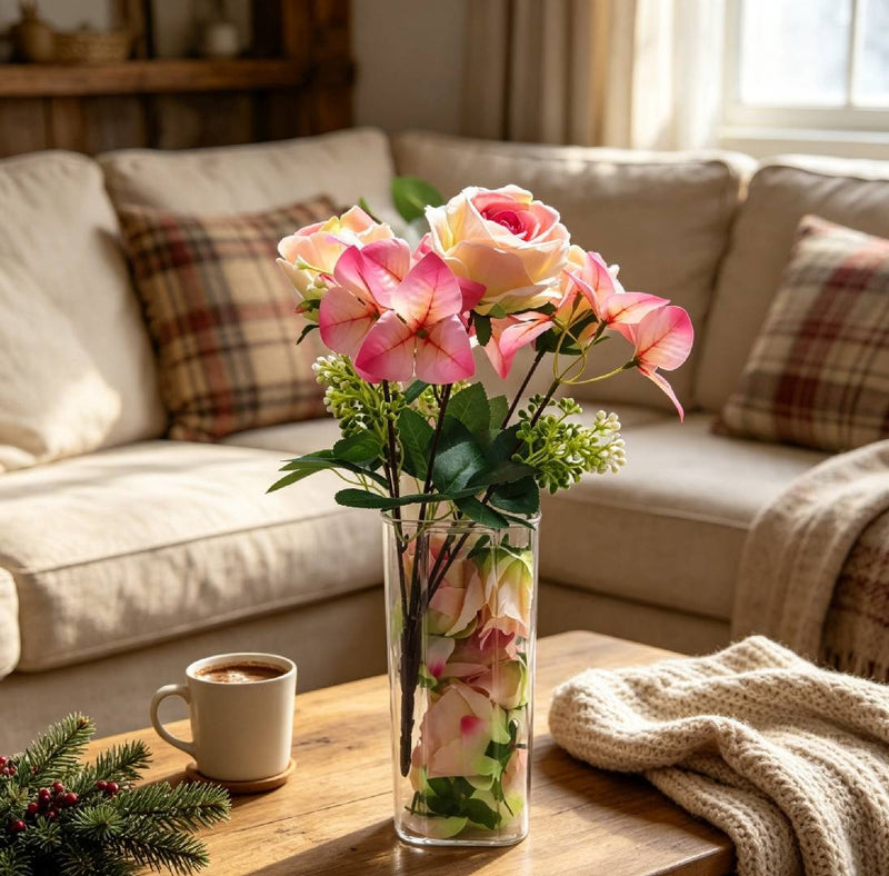 Artificial Rose and Bougainvillea Flower Bush, Pink/Champagne, 16", Wedding, Home Decor, DIY Floral Arrangements