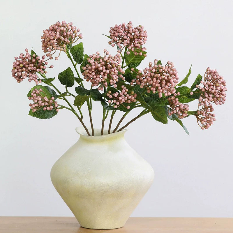 Artificial Hydrangea Fruit Stem, Single Stem with 2 Blooms, 21" Tall, Silk Fabric, Modern Style, White/Lavender/Pink/Green, for Home Decor, Wedding, Events, Commercial Displays