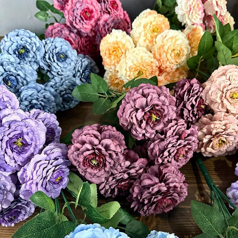 Artificial Chrysanthemum Bush, 9 Blooms, 16" Tall, Silk Flowers for Home Decor, Wedding Arrangements, Window Displays