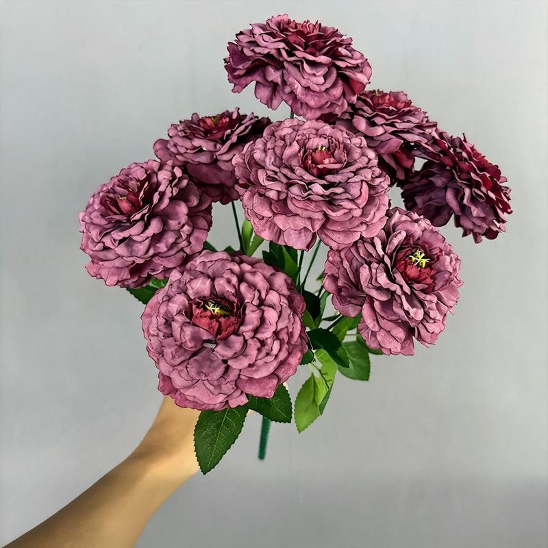 Artificial Chrysanthemum Bush, 9 Blooms, 16" Tall, Silk Flowers for Home Decor, Wedding Arrangements, Window Displays