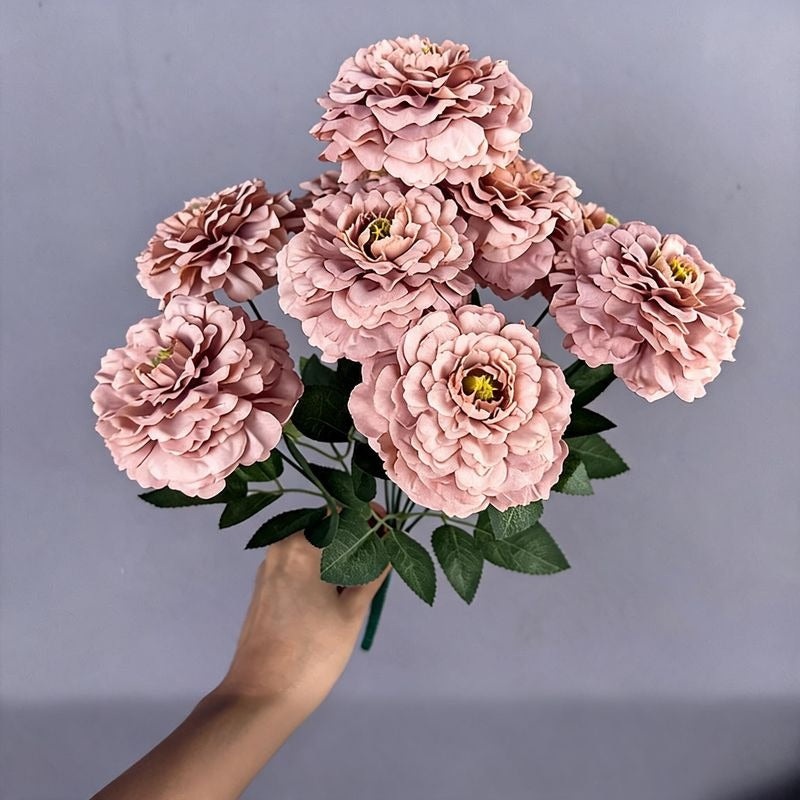 Artificial Chrysanthemum Bush, 9 Blooms, 16" Tall, Silk Flowers for Home Decor, Wedding Arrangements, Window Displays