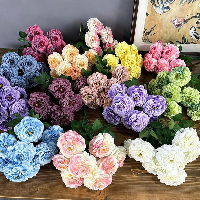 Artificial Chrysanthemum Bush, 9 Blooms, 16" Tall, Silk Flowers for Home Decor, Wedding Arrangements, Window Displays