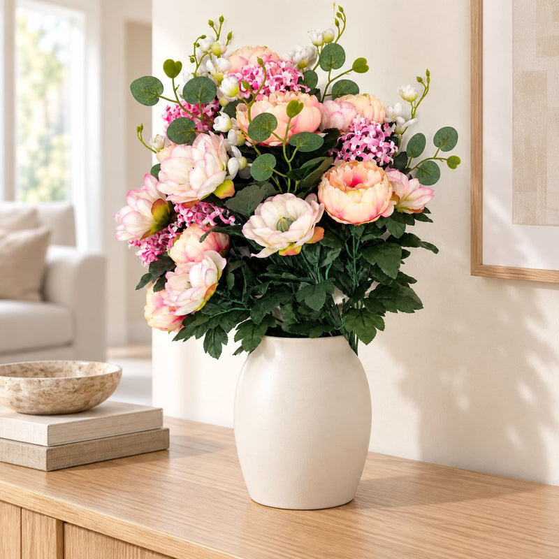 Artificial Peony Bush, 24 Blooms, 22" Tall, Realistic Silk Floral Arrangement for Weddings, Home Decor, and Events