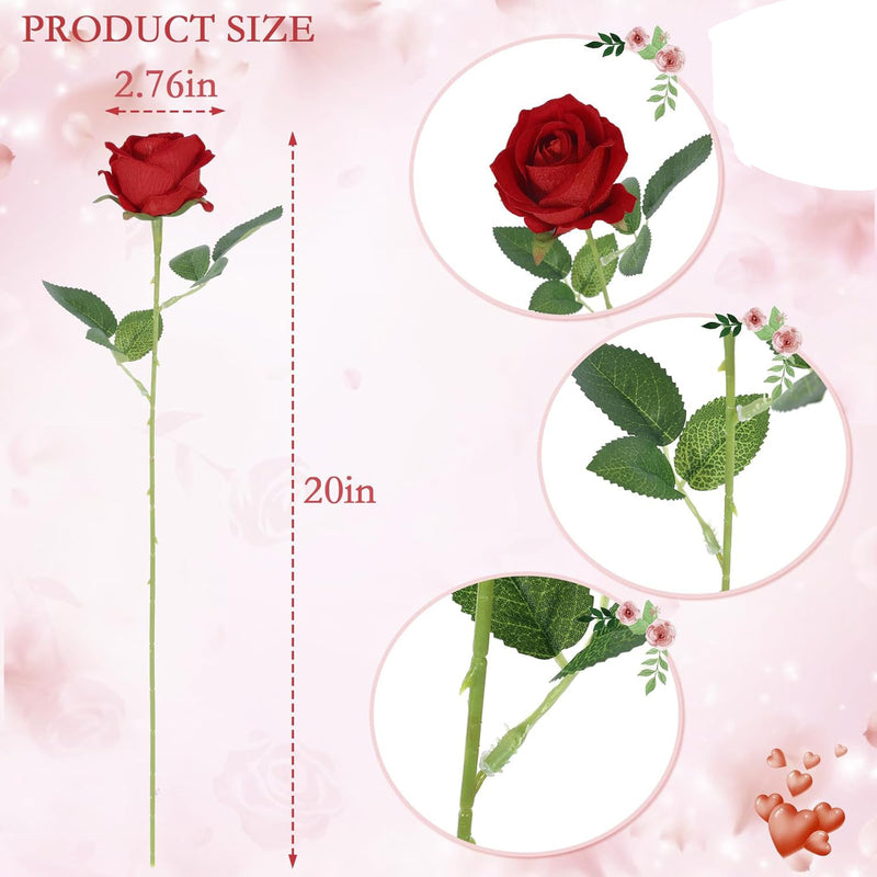 Artificial Silk Rose Stems, Single Stem with One Bloom, 20" Tall, Pack of 10, Perfect for Weddings, Home Decor, and Events
