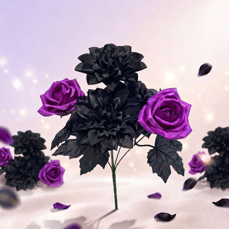 Artificial Silk Dahlia Roses, 5-Bloom Bush, 13" Tall, Purple-Black, for Home Decor, Weddings, Events, and Gift Giving