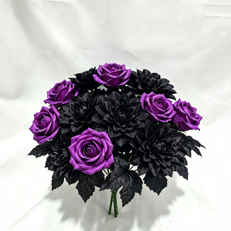 Artificial Silk Dahlia Roses, 5-Bloom Bush, 13" Tall, Purple-Black, for Home Decor, Weddings, Events, and Gift Giving