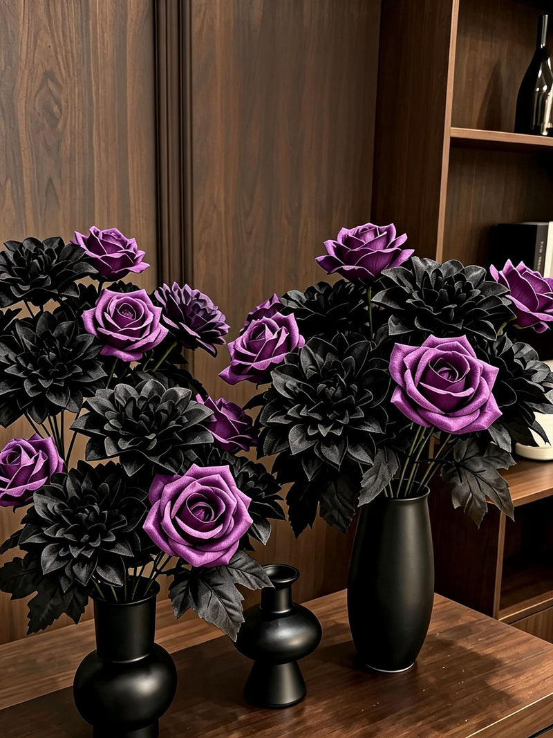 Artificial Silk Dahlia Roses, 5-Bloom Bush, 13" Tall, Purple-Black, for Home Decor, Weddings, Events, and Gift Giving