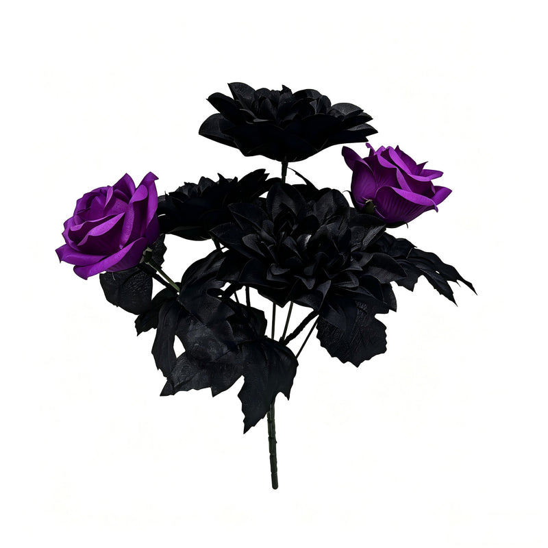 Artificial Silk Dahlia Roses, 5-Bloom Bush, 13" Tall, Purple-Black, for Home Decor, Weddings, Events, and Gift Giving