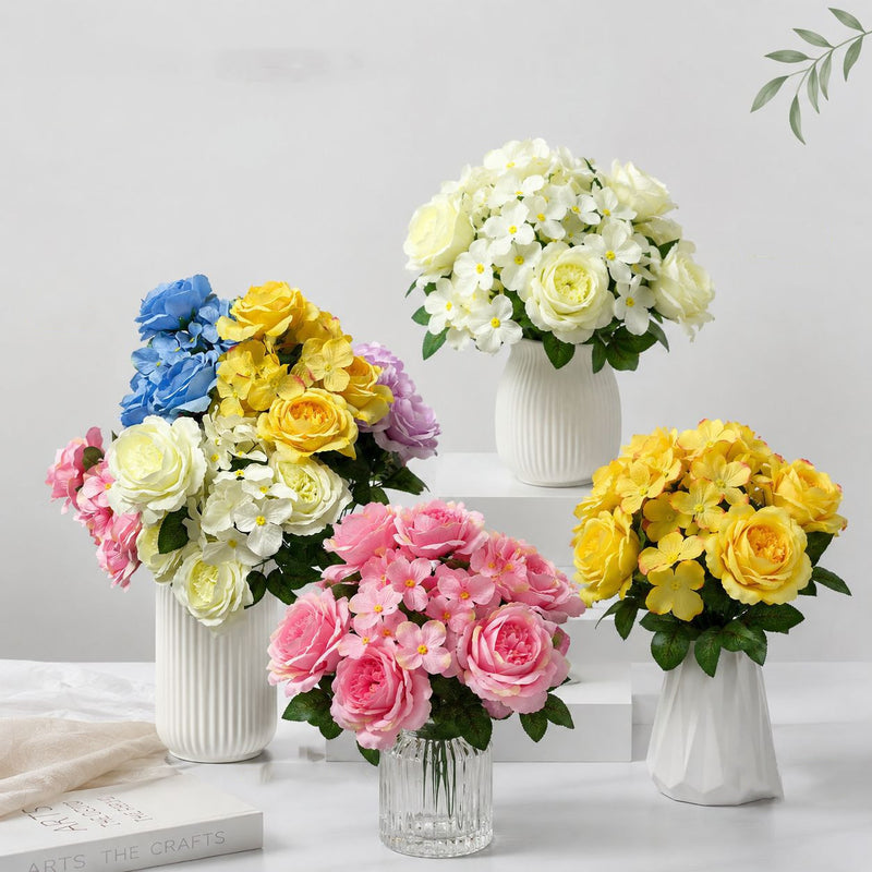 Artificial Hydrangea Bush, 9 Blooms Silk Flower Stems 18" Tall, Wedding Decor & Home Floral Arrangements, Bulk Wholesale Available