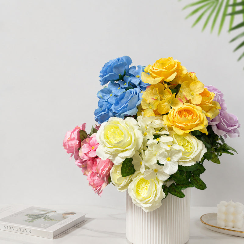 Artificial Hydrangea Bush, 9 Blooms Silk Flower Stems 18" Tall, Wedding Decor & Home Floral Arrangements, Bulk Wholesale Available