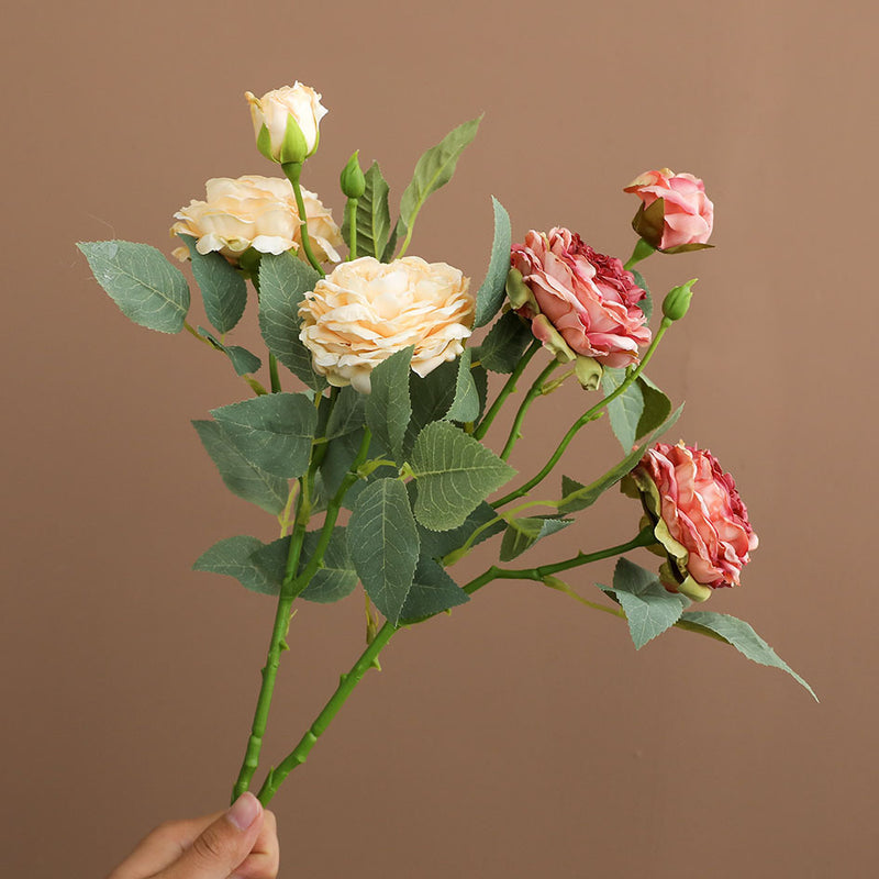 Artificial Rose Bush, 3 Blooms Realistic Silk Floral Arrangement, 21" Height for Home Decor, Wedding & Event Styling, Bulk Purchase Options