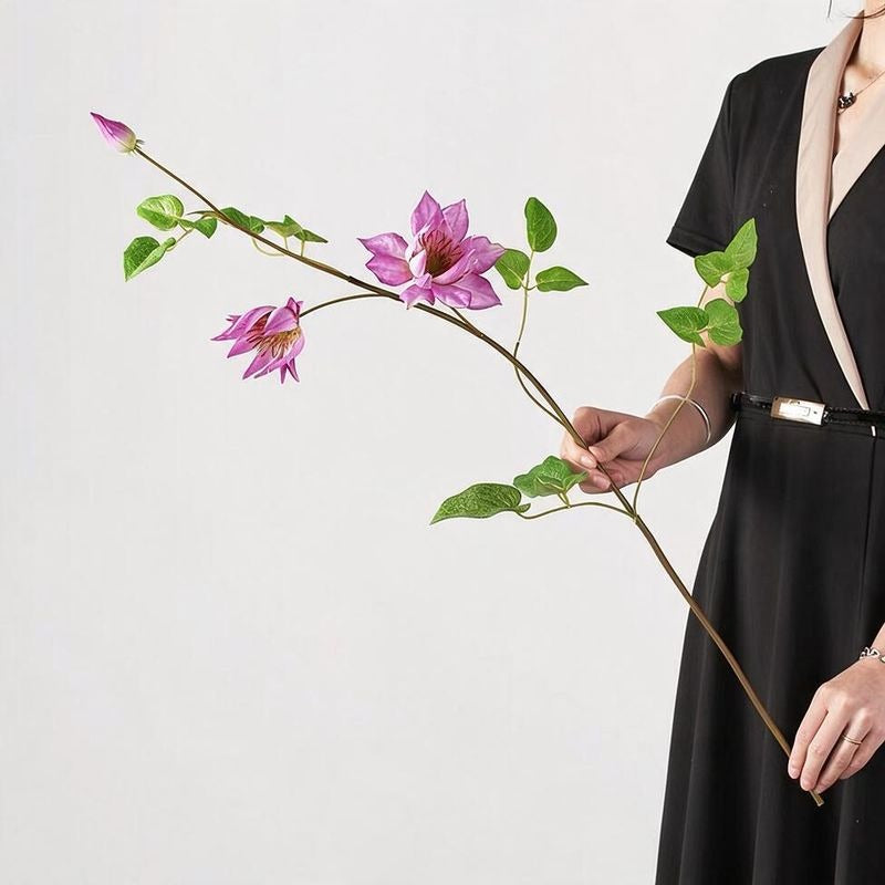 Artificial Clematis Stem, 35" Realistic Silk Flower for Home Decor, Wedding Centerpieces & Commercial Displays, Set of 3 Blooms