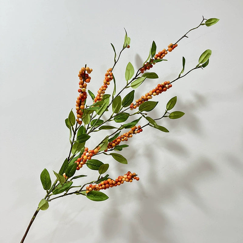 Artificial Holly Berry Stem, 45" Long, Silk Fabric, Red & Orange, Perfect for Holiday Decor, Wedding Arrangements, and Home Styling