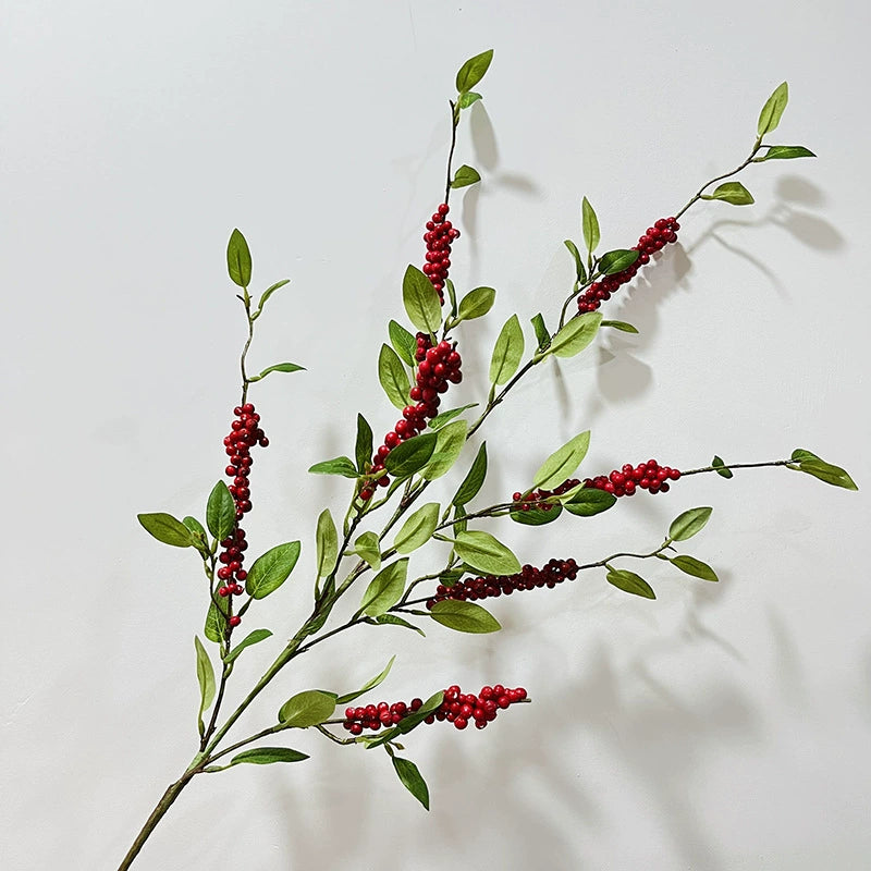 Artificial Holly Berry Stem, 45" Long, Silk Fabric, Red & Orange, Perfect for Holiday Decor, Wedding Arrangements, and Home Styling