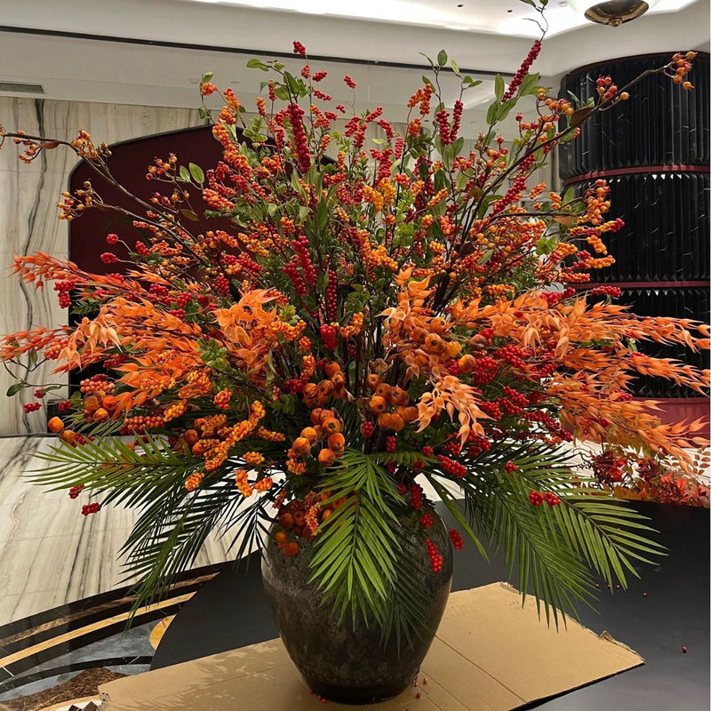 Artificial Holly Berry Stem, 45" Long, Silk Fabric, Red & Orange, Perfect for Holiday Decor, Wedding Arrangements, and Home Styling