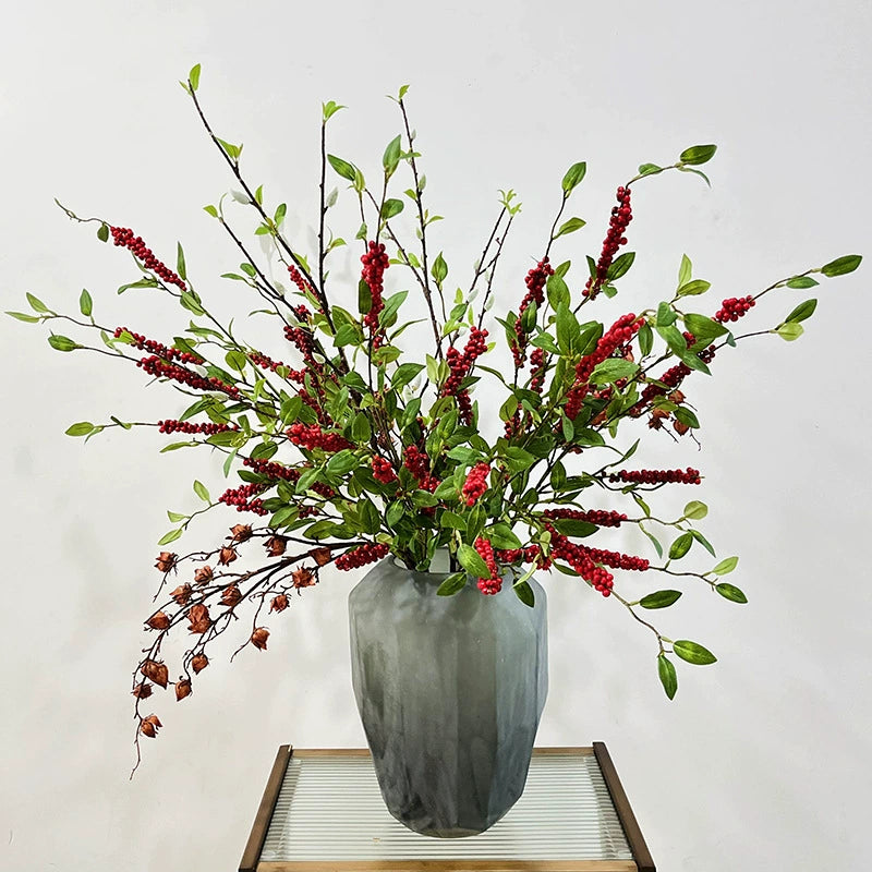 Artificial Holly Berry Stem, 45" Long, Silk Fabric, Red & Orange, Perfect for Holiday Decor, Wedding Arrangements, and Home Styling