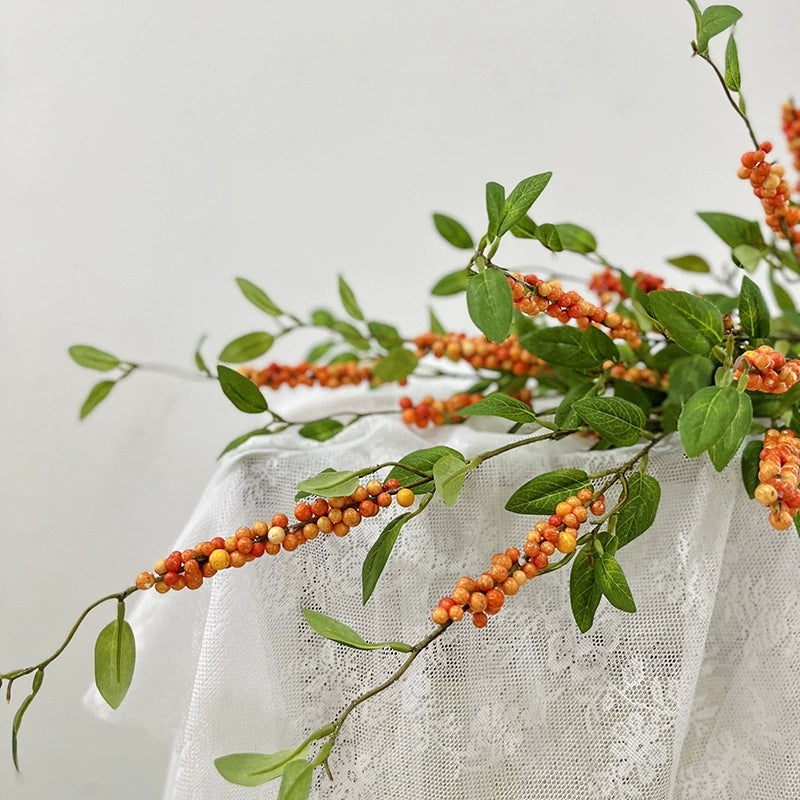 Artificial Holly Berry Stem, 45" Long, Silk Fabric, Red & Orange, Perfect for Holiday Decor, Wedding Arrangements, and Home Styling