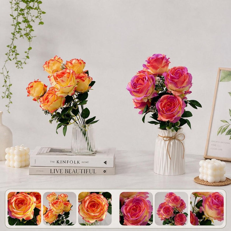 Artificial Silk Rose Stem, 7 Blooms, 17" Long, Realistic Faux Flower for Wedding Decor, Home Arrangements, Bulk Floral Supplies