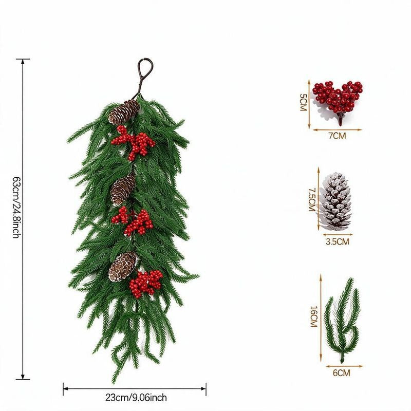 Artificial Christmas Garland with Red Berries and Pine, 25" Trailing Vine, Indoor Holiday Wall Decor, Realistic Faux Greenery