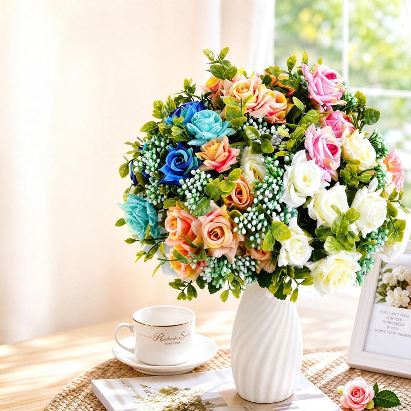 Mixed Rose Bush, 20" Tall, Silk Artificial Flowers, 5 Blooms, Perfect for Weddings, Home Decor, and Events