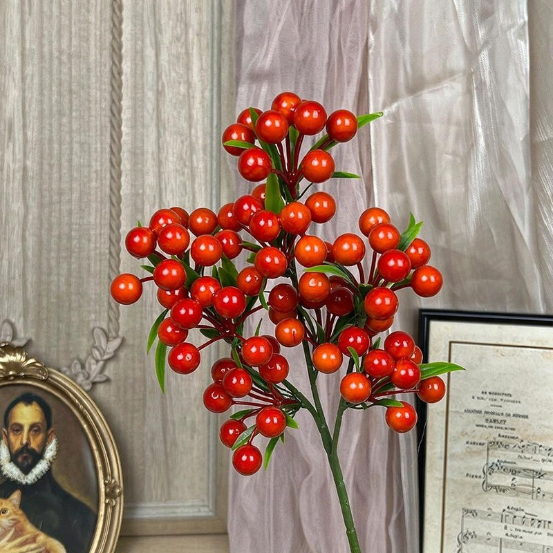 Artificial Lucky Berry Stems, 3-Prong Faux Berry Sprays, 14" Single Stem Plastic Decorative Berries for Christmas, Weddings, Home Decor, and Commercial Displays