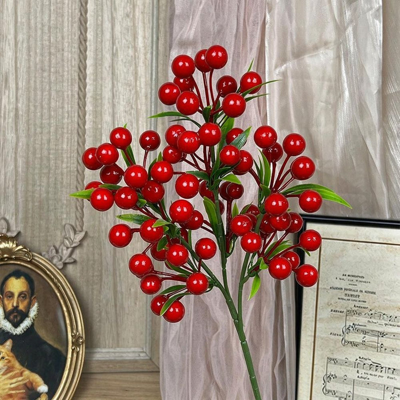 Artificial Lucky Berry Stems, 3-Prong Faux Berry Sprays, 14" Single Stem Plastic Decorative Berries for Christmas, Weddings, Home Decor, and Commercial Displays