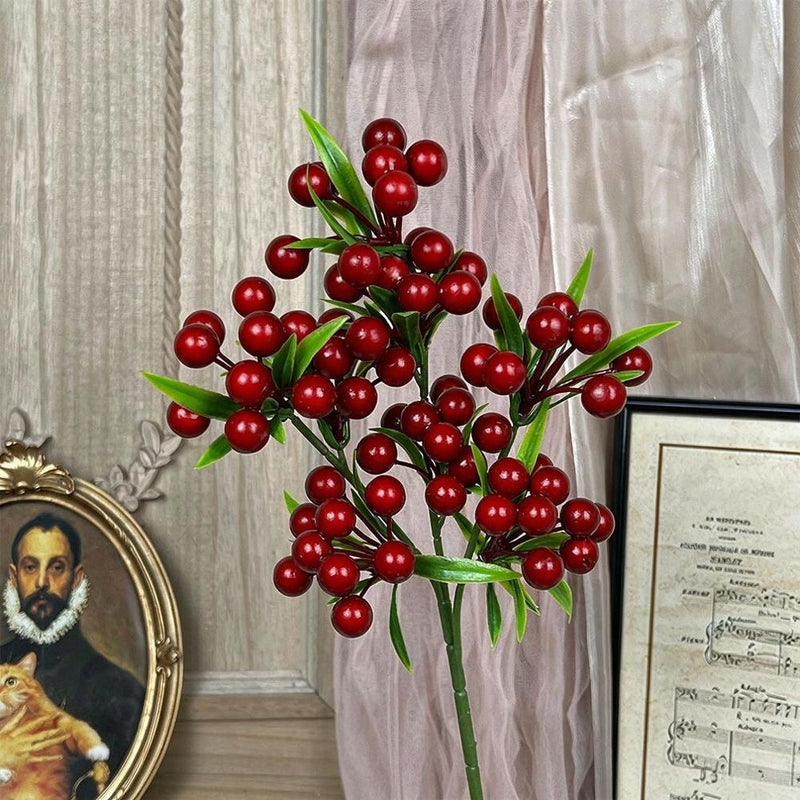 Artificial Lucky Berry Stems, 3-Prong Faux Berry Sprays, 14" Single Stem Plastic Decorative Berries for Christmas, Weddings, Home Decor, and Commercial Displays