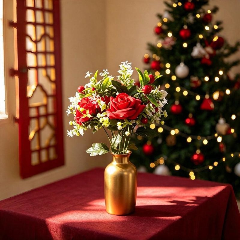 18" Artificial Poinsettia and Red Rose Bouquet, Silk Floral Arrangement for Weddings, Home Decor, and Holiday Displays
