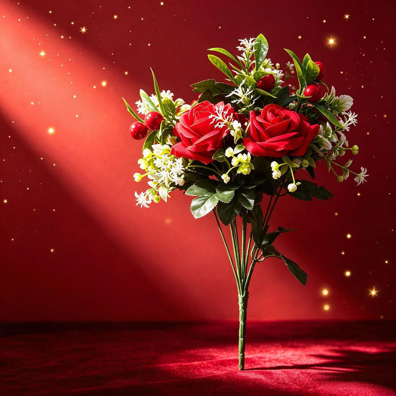 18" Artificial Poinsettia and Red Rose Bouquet, Silk Floral Arrangement for Weddings, Home Decor, and Holiday Displays