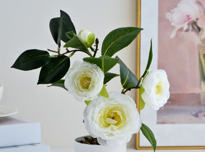Artificial Camellia Bush with 4 Blooms, 11" Height, Plastic Pot Included, Perfect for Home Decor, Office, Wedding & Event Styling