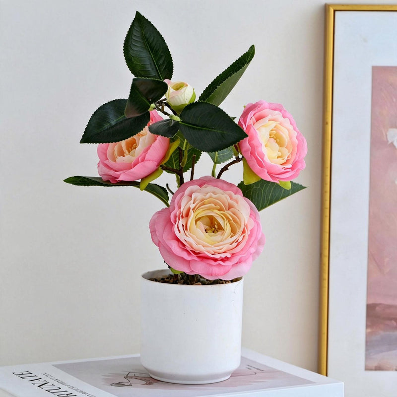 Artificial Camellia Bush with 4 Blooms, 11" Height, Plastic Pot Included, Perfect for Home Decor, Office, Wedding & Event Styling