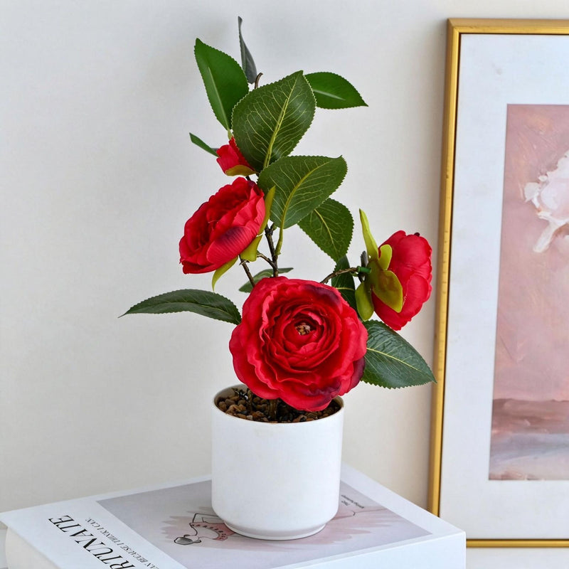 Artificial Camellia Bush with 4 Blooms, 11" Height, Plastic Pot Included, Perfect for Home Decor, Office, Wedding & Event Styling