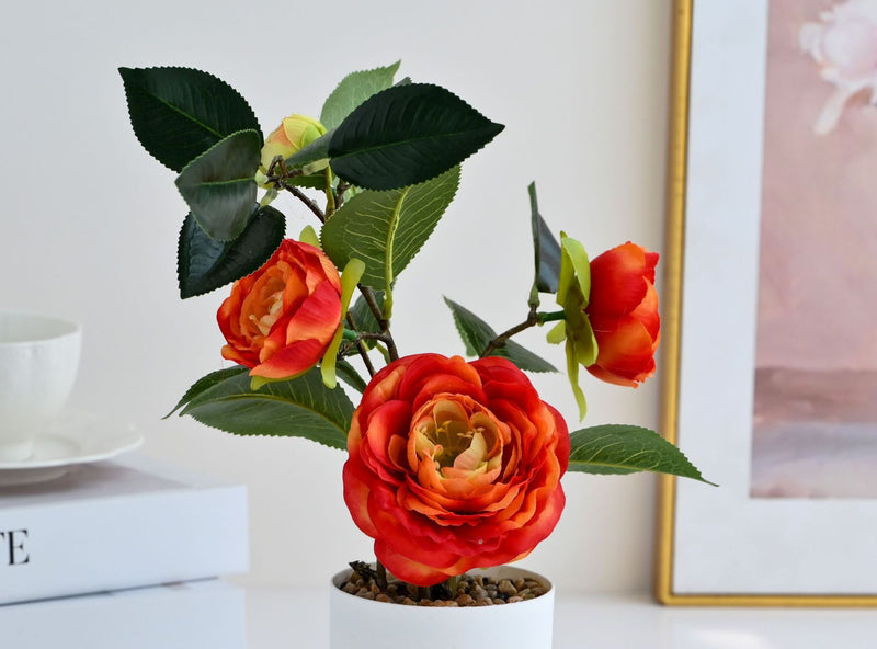 Artificial Camellia Bush with 4 Blooms, 11" Height, Plastic Pot Included, Perfect for Home Decor, Office, Wedding & Event Styling
