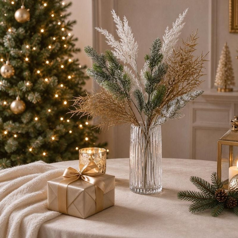 Artificial Frosted Pine Branch, 28" Single Stem, Realistic Christmas Decor, Wedding & Holiday Arrangements, Indoor Decor